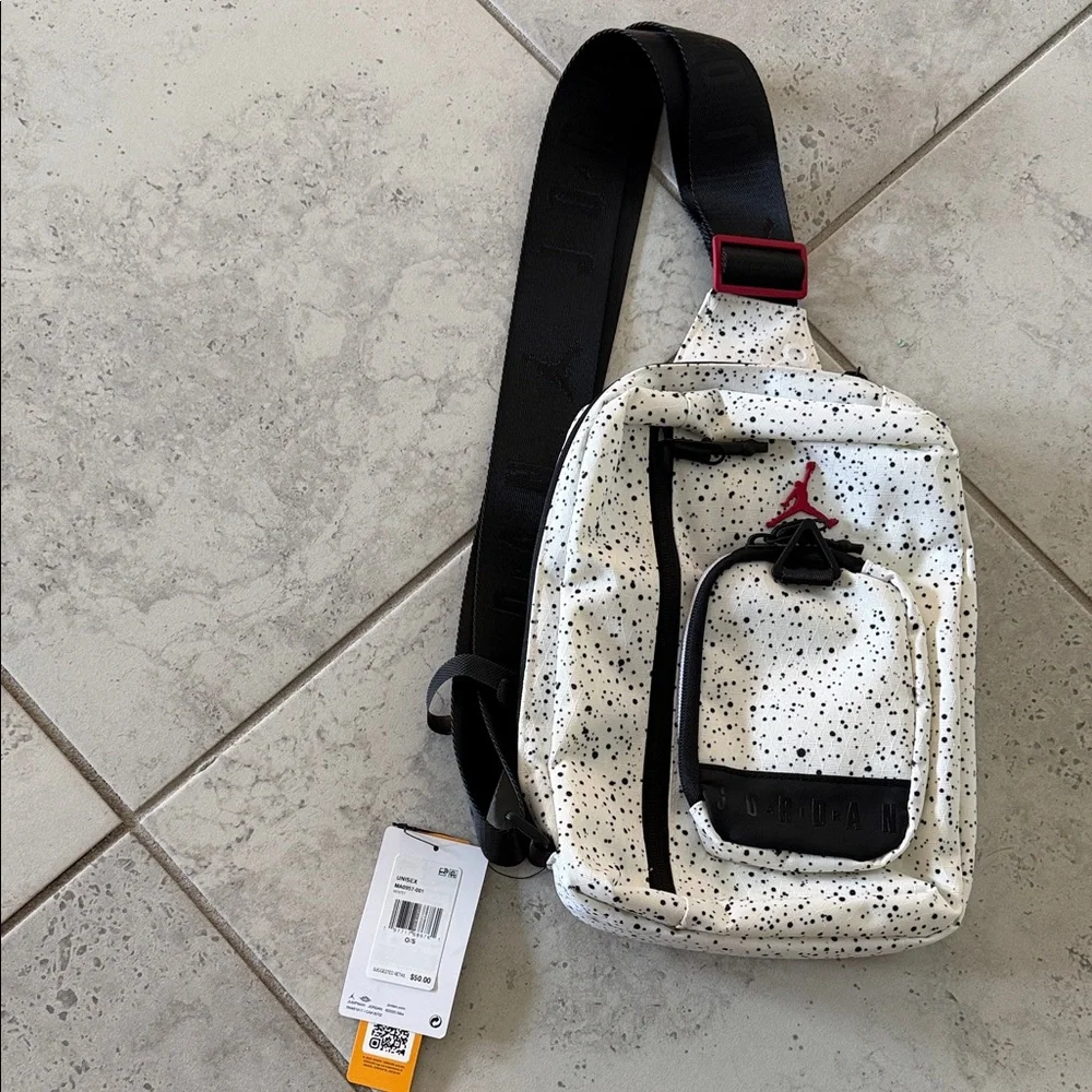 Jordan White Speckle Crossbody Sling with Black Strap and Red Accent